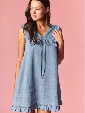 Sleeveless Light Blue Ruffle-Trim Mini Dress with Tie Neck